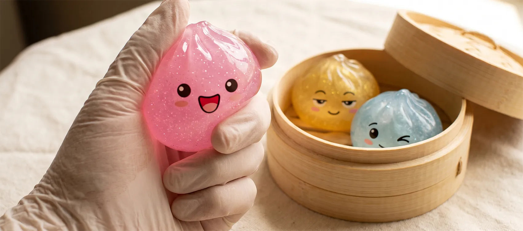 Classic palm-sized dumpling squishy being squeezed in one hand