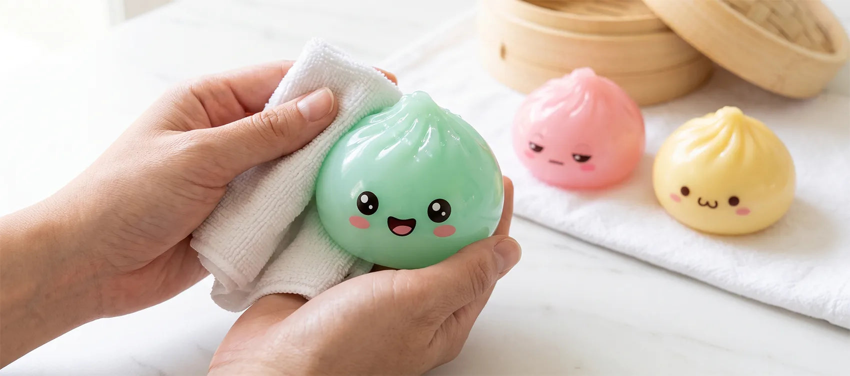Hands patting a mint green dumpling squishy dry with a white microfiber towel