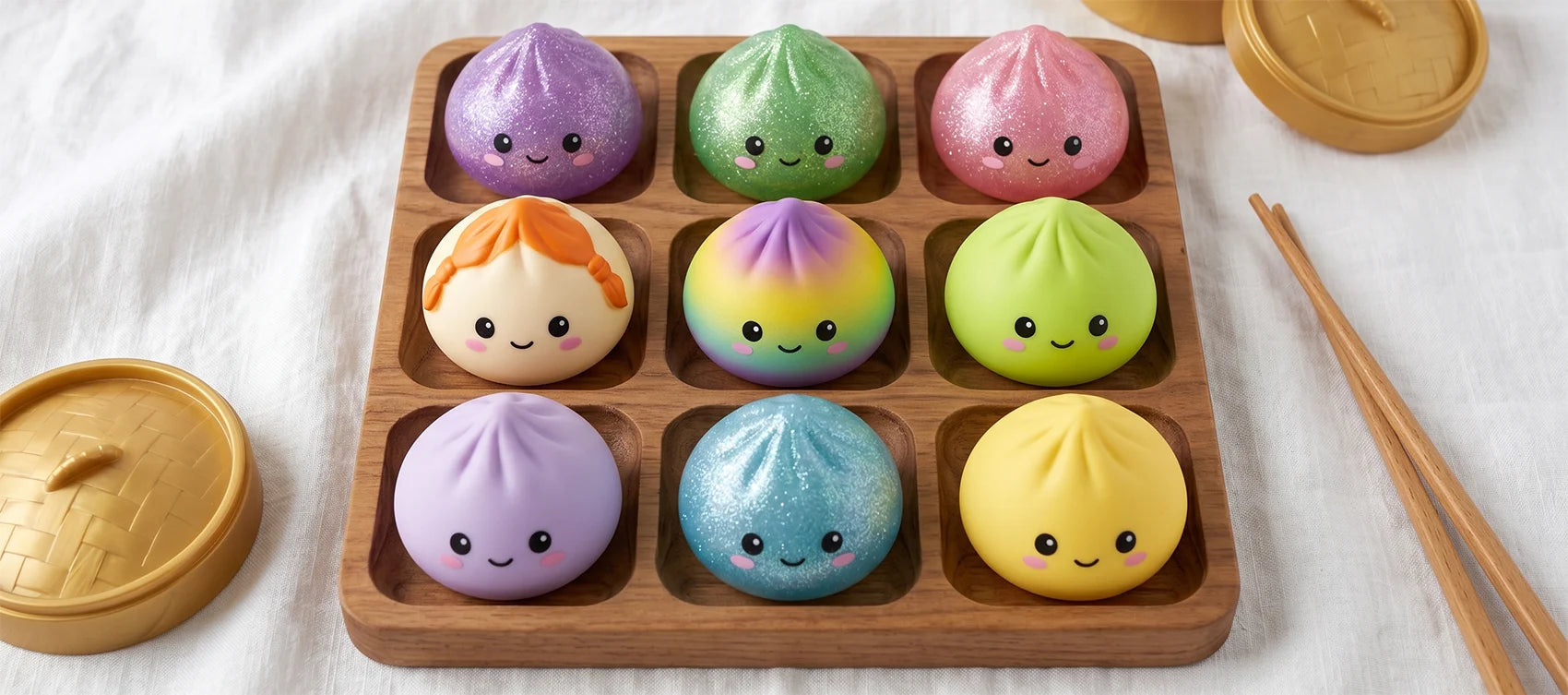 A gift bundle of nine colorful, glittery and pastel dumpling squishies in a wooden sorting tray with chopsticks