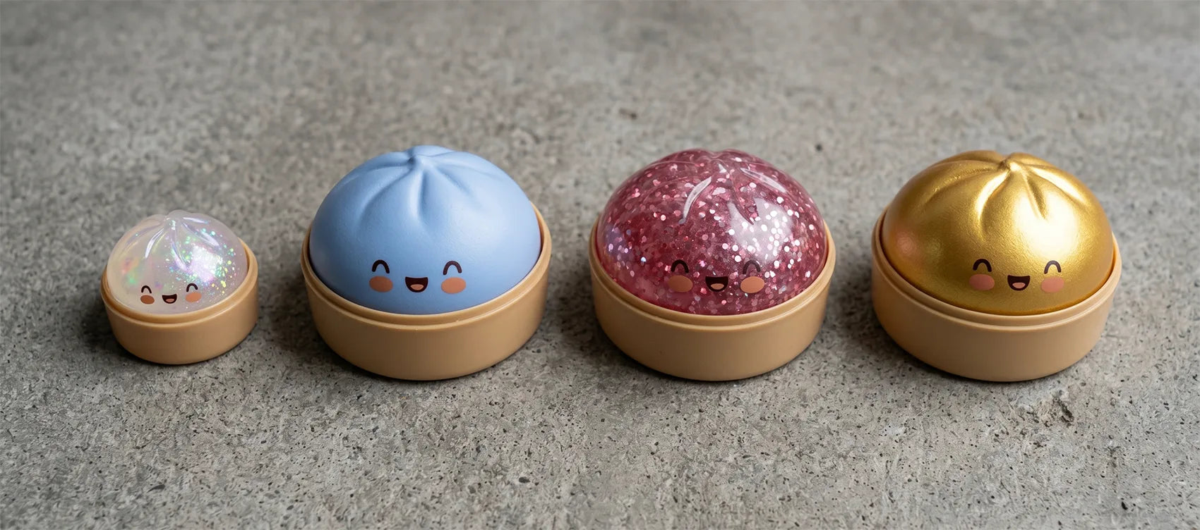 Four dumpling squishies compared by size, from a tiny clear mini to standard blue, pink glitter and gold