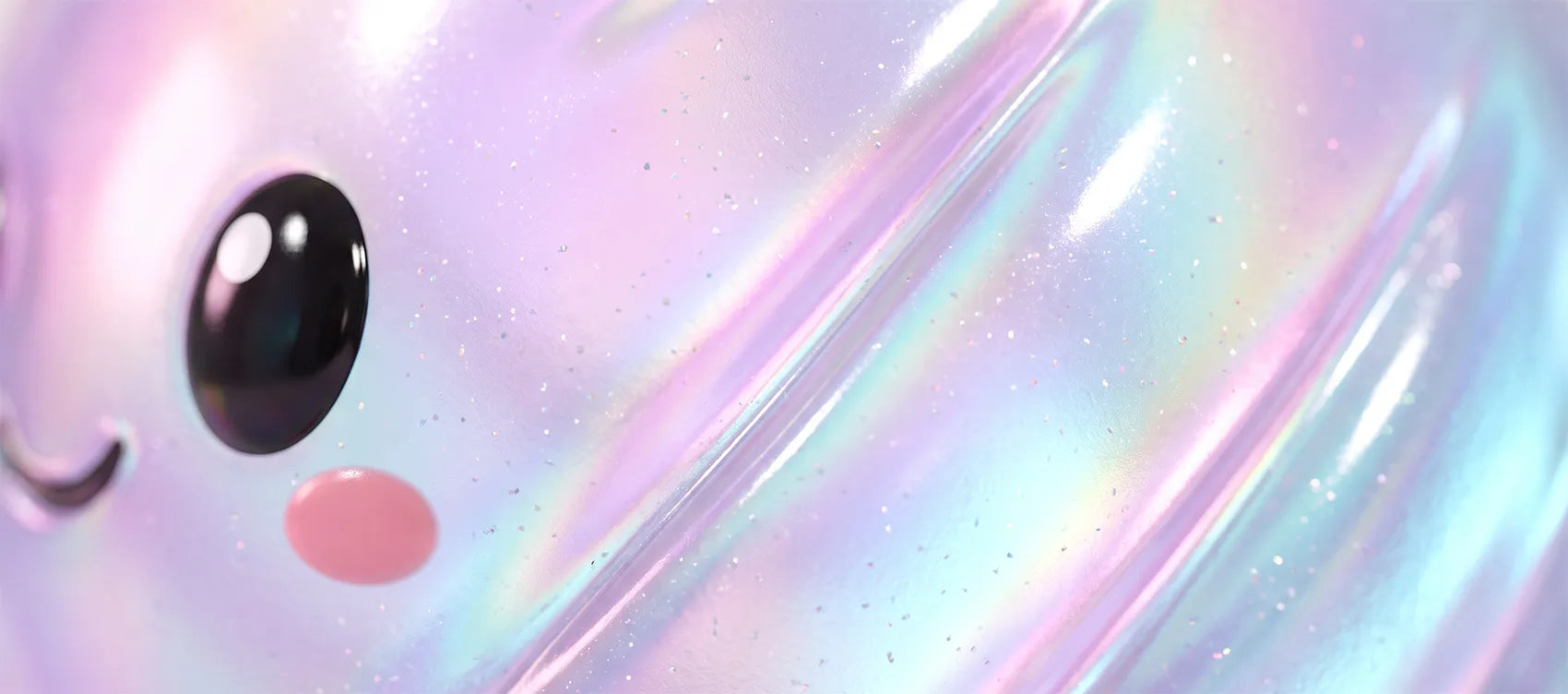 Extreme macro close-up of the glossy iridescent TPR surface of a dumpling squishy showing glitter flecks