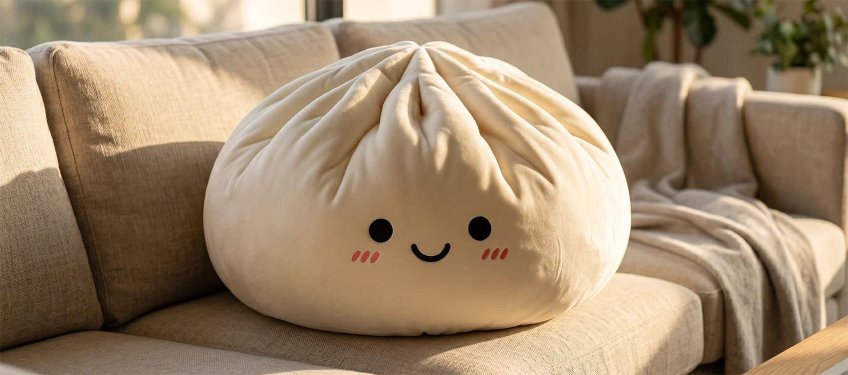 An oversized giant white dumpling squishy plush pillow with a smiling face on a beige sofa in golden-hour light