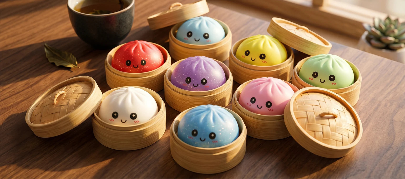 A variety of authentic colorful and glitter dumpling squishies in bamboo steamers on dark wood with green tea
