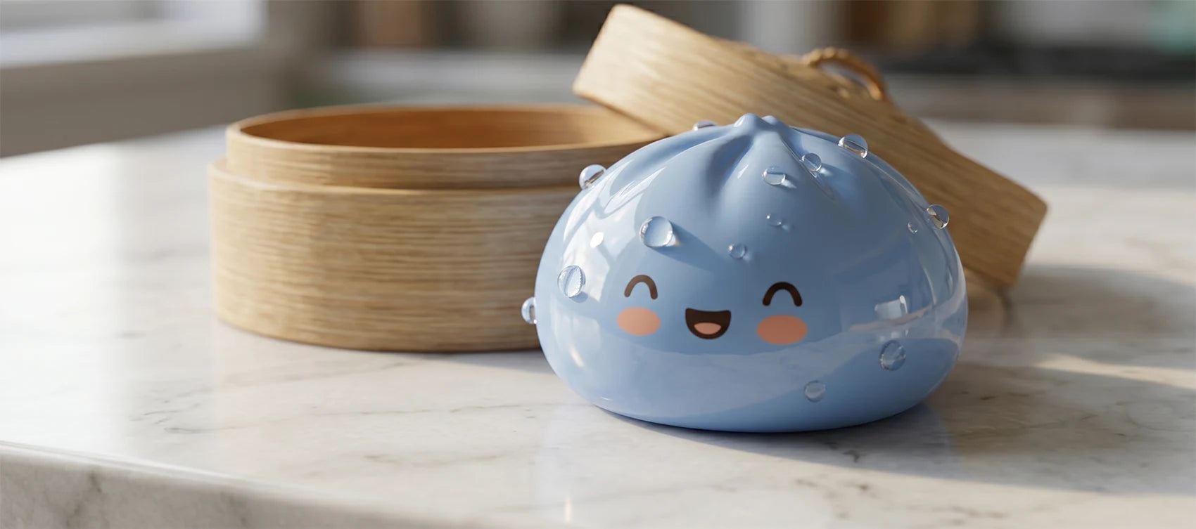 A freshly cleaned pastel blue dumpling squishy with water droplets on a marble countertop beside a bamboo steamer