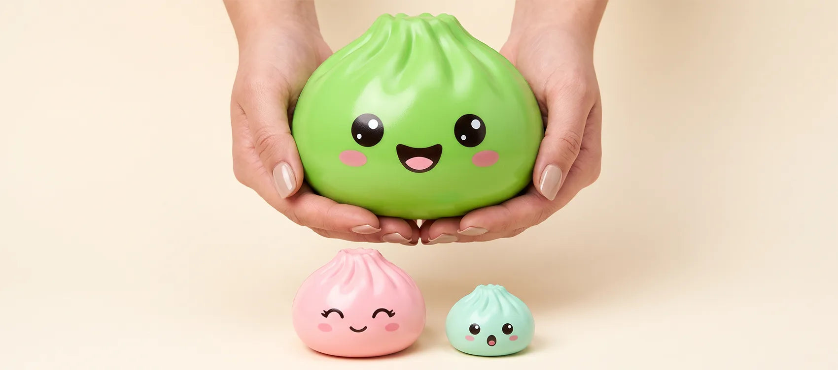 Large dumpling squishy compared with a small mini squishy in two hands
