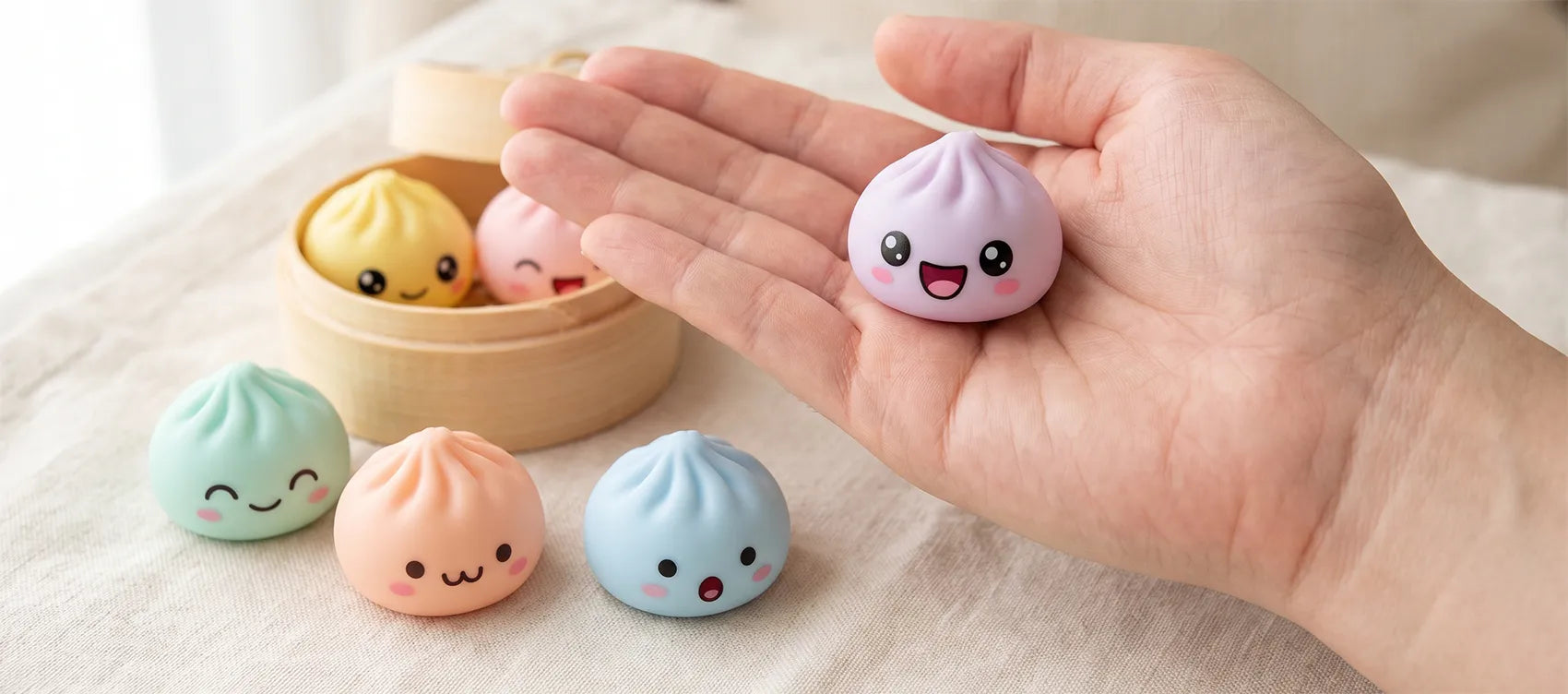 Mini dumpling squishy shown in a hand for size reference
