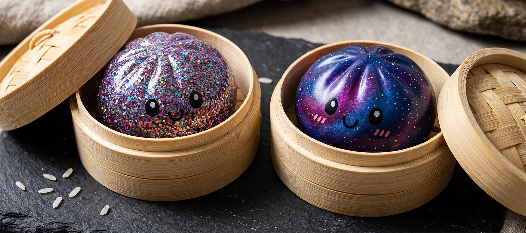 Two collector edition dumpling squishies, one dense multicolor glitter and one deep cosmic galaxy, in bamboo steamers