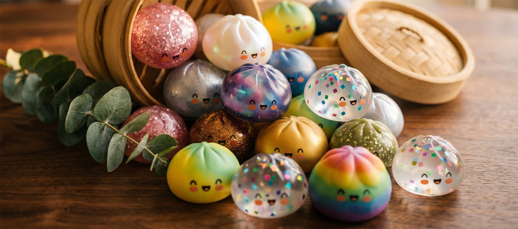 Galaxy, rainbow gradient and glitter dumpling squishies spilling out of a tipped bamboo steamer on rustic wood