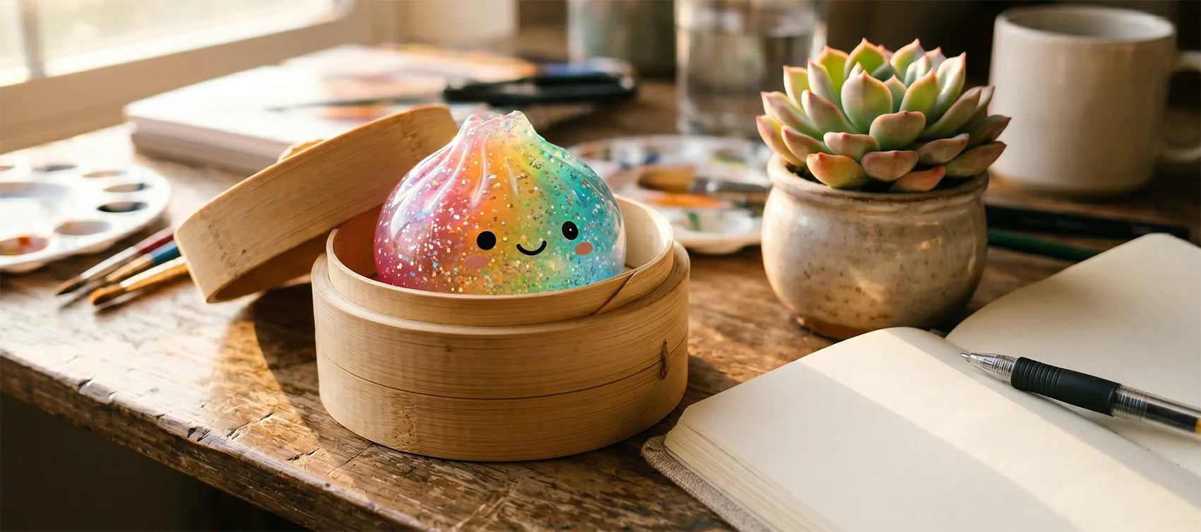 A clear rainbow glitter dumpling squishy in a bamboo steamer on an artist desk with a succulent and notebook