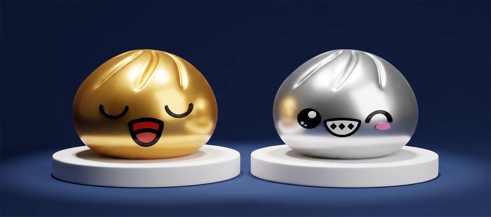 Ultra-rare golden and silver dumpling squishies with cute faces displayed on white circular pedestals