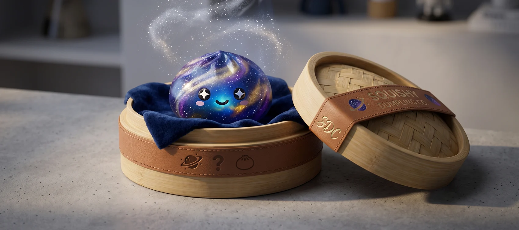 A rare galaxy dumpling squishy with sparkling star eyes revealed inside an opened bamboo steamer box