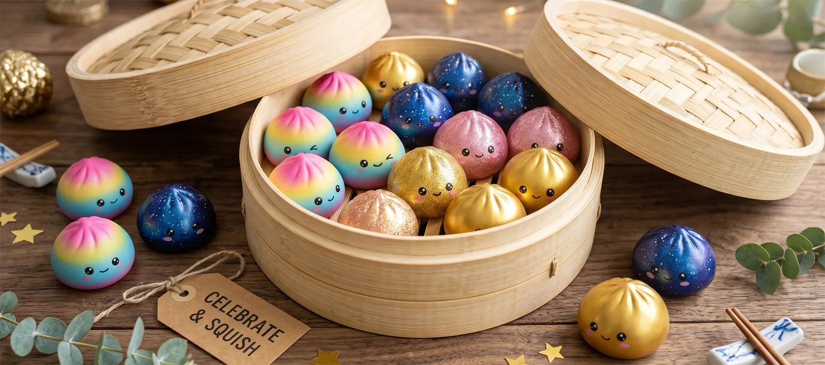 An open bamboo steamer overflowing with rare rainbow, galaxy and gold metallic dumpling squishies