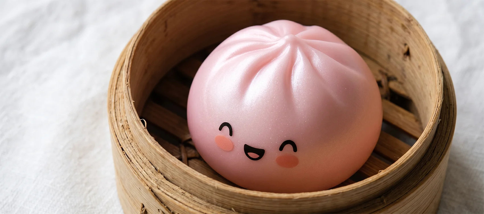 A pastel pink dumpling squishy with a smiling kawaii face inside a mini bamboo steamer on white linen