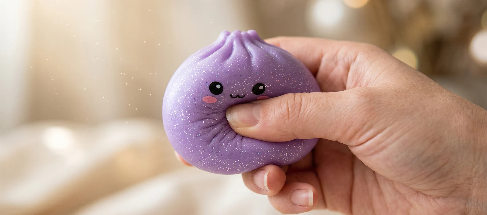 A hand squeezing a soft purple glitter dumpling squishy with a smiling face, showing its slow-rise texture