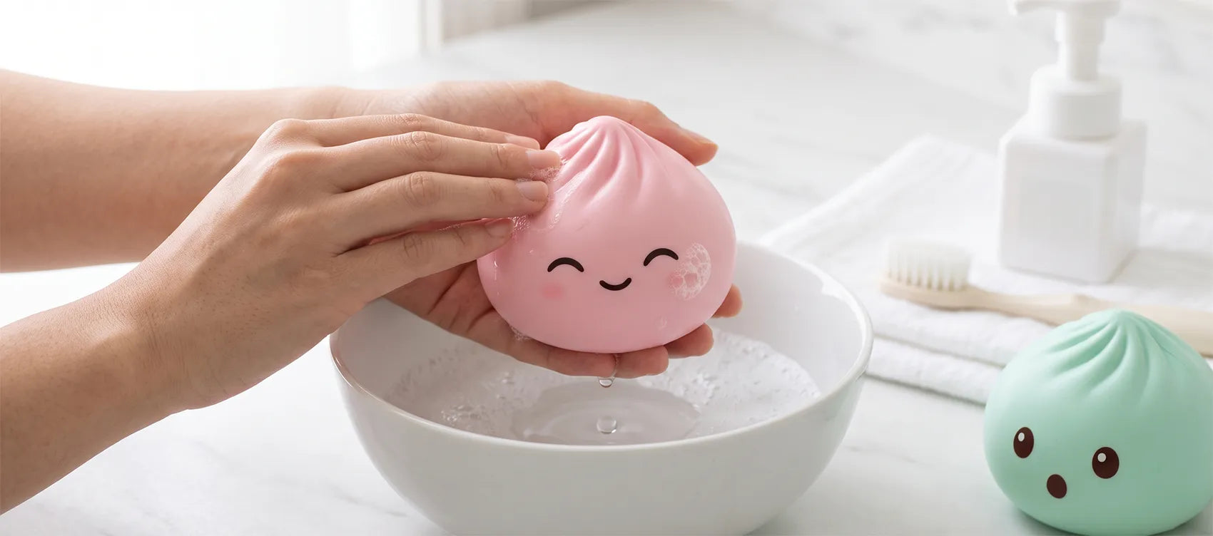 Hands gently washing a pink dumpling squishy over a white bowl of soapy water