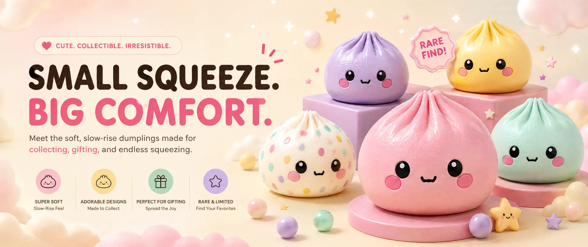 Small squeeze, big comfort - colorful squishy dumplings