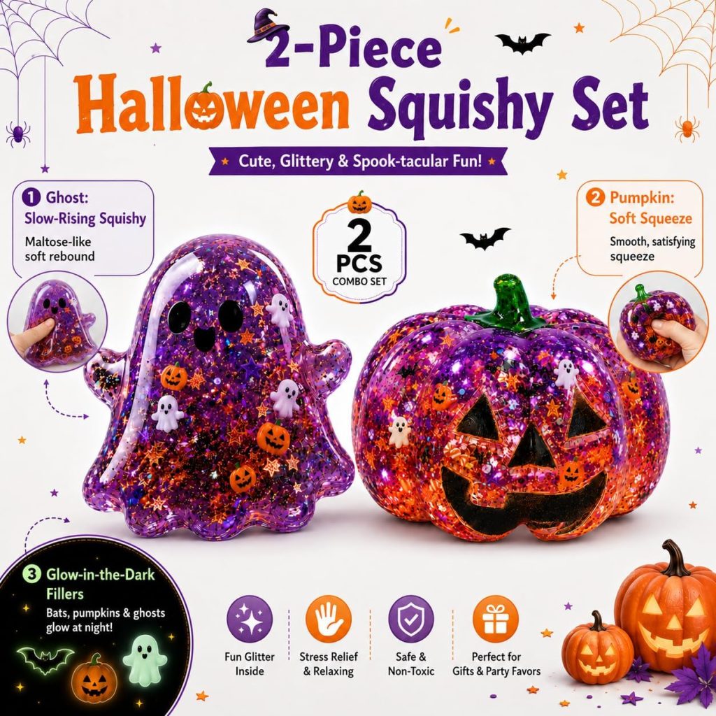 UXMDC 2 Pack Purple Ghost & Pumpkin Halloween Squishy Toys