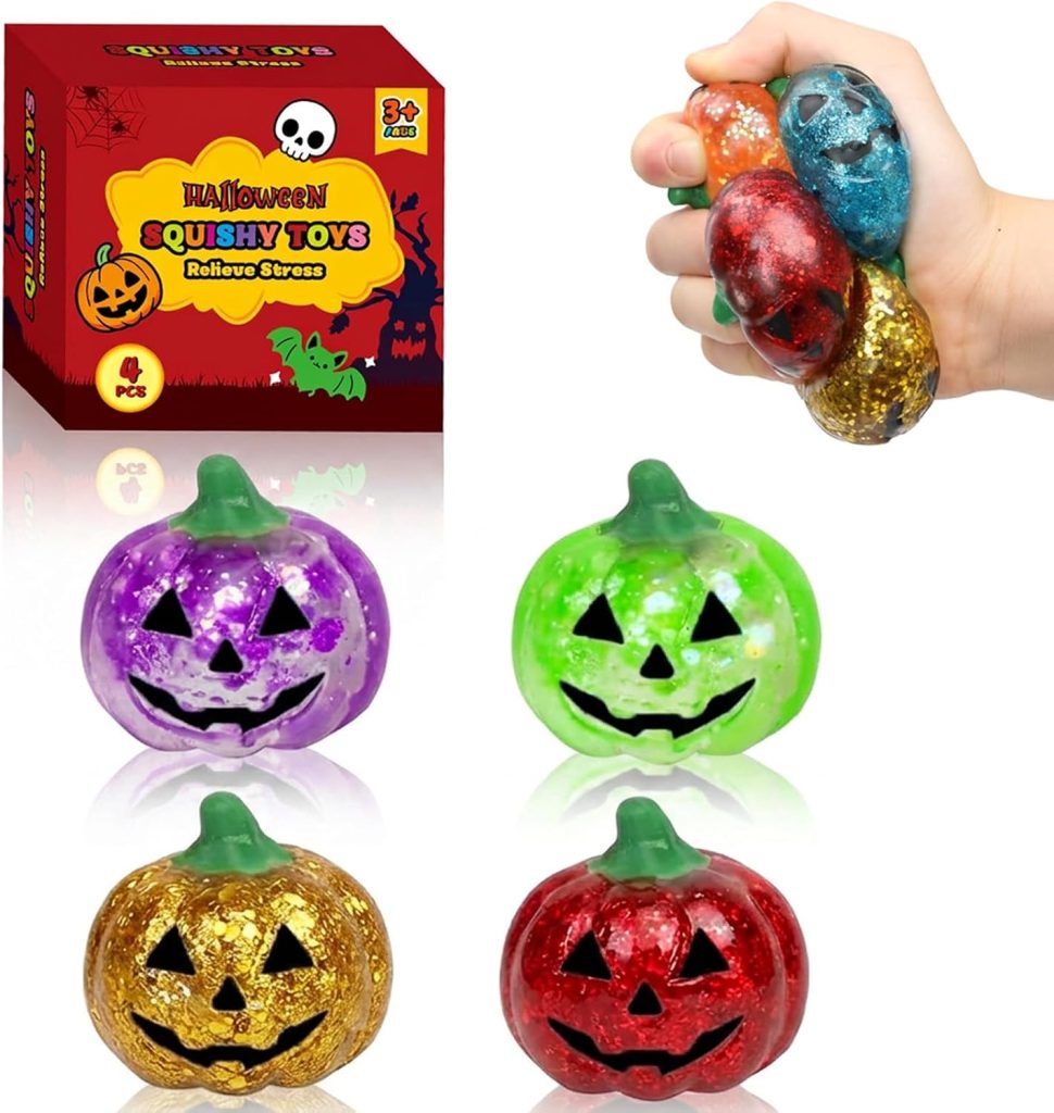 VOMAOK 4 Pack Halloween Glitter Pumpkin Squishy Toys