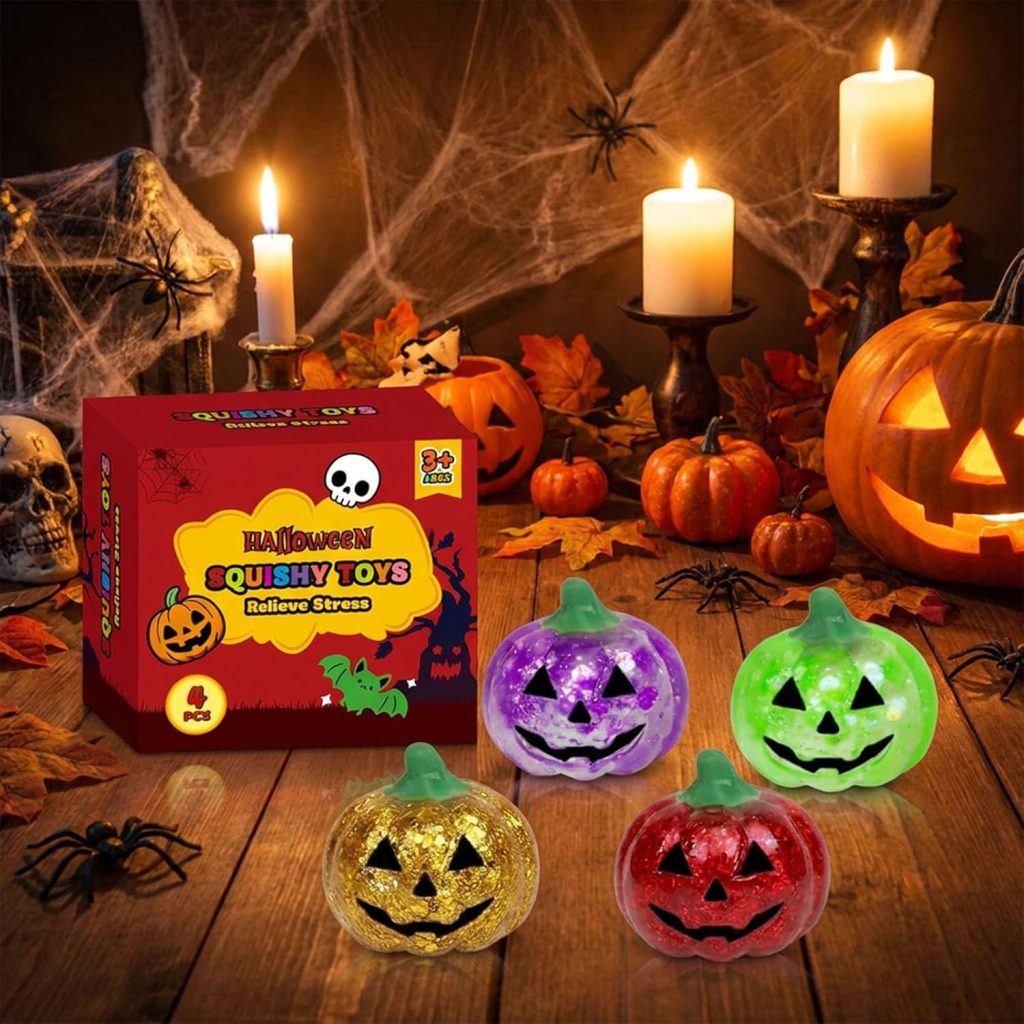 VOMAOK 4 Pack Halloween Glitter Pumpkin Squishy Toys