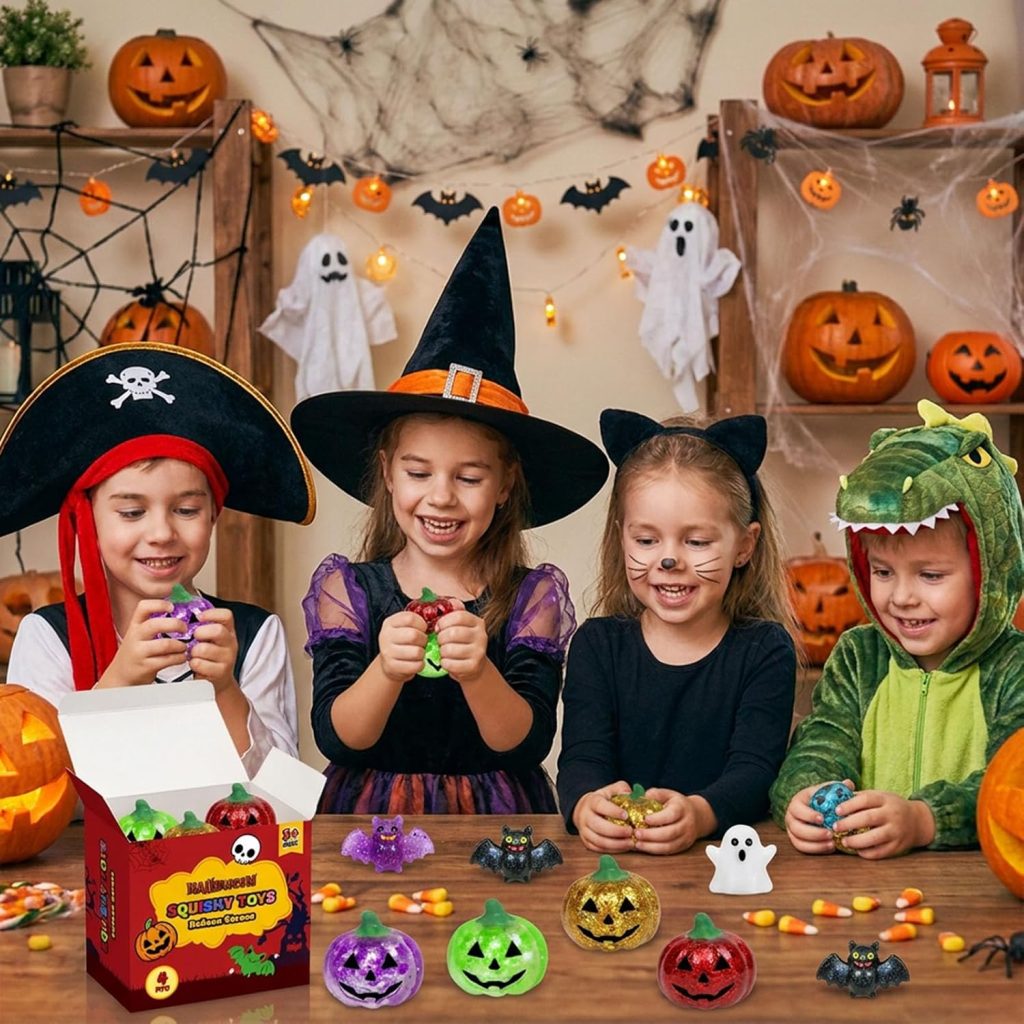 VOMAOK 4 Pack Halloween Glitter Pumpkin Squishy Toys