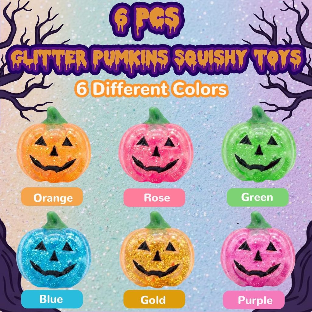 BANERLE 6 Pack Halloween Glitter Pumpkin Stress Balls