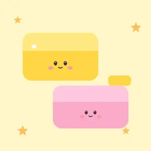 Cute illustration of two smiling butter squishy sticks, yellow and pink