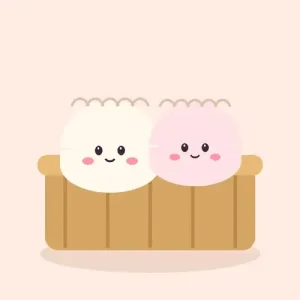Cute illustration of two smiling dumplings in a bamboo steamer